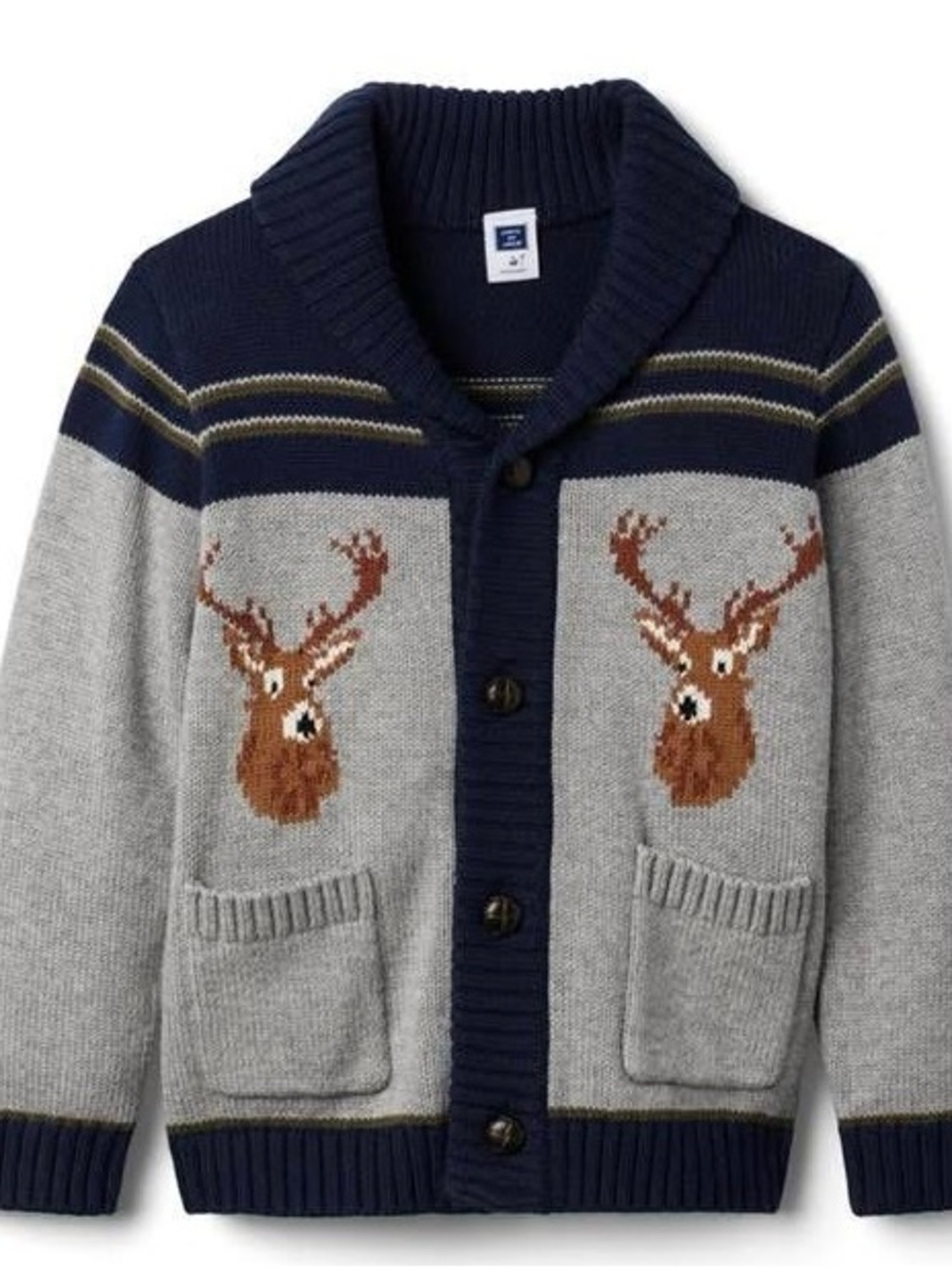 Janie and Jack Gray & Navy Shawl Collar Deer Cardigan